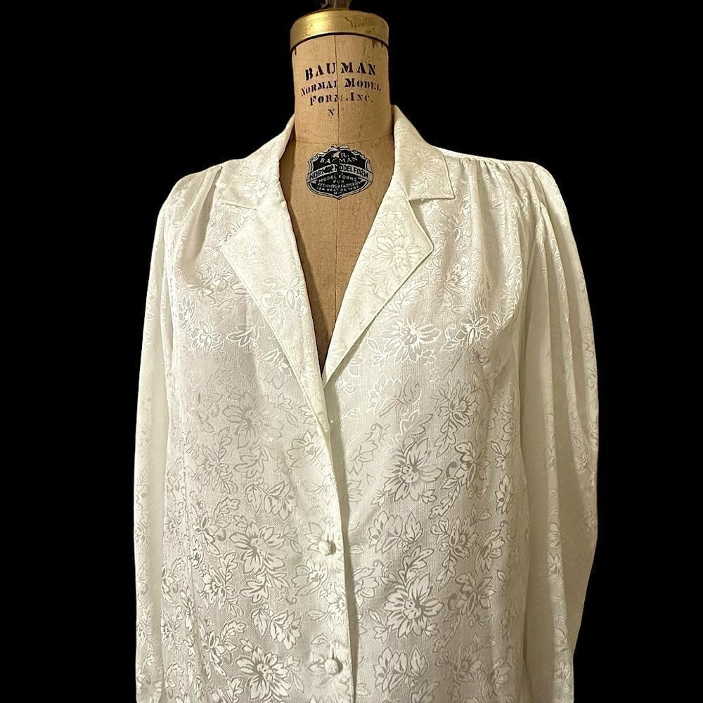 Vintage Steven Barry White on white floral patterned long sleeve blouse size 12